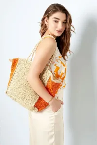 Strandtas zand beige oranje, shopper papier, tas raffia, oranje tas, beige tas